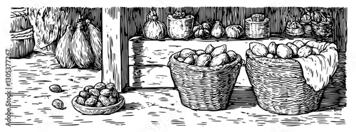 Engraved illustration of harvested vegetables displayed in woven baskets on a rustic wooden shelf