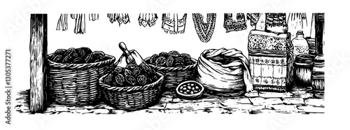 Engraved illustration of baskets filled with goods at a market stall inside a traditional marketplace setting