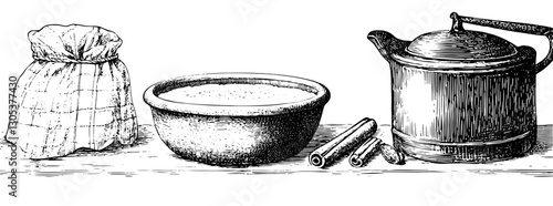 Engraved illustration of traditional kitchen items including a pot, a bag of spices, and a grater on a simple wooden table