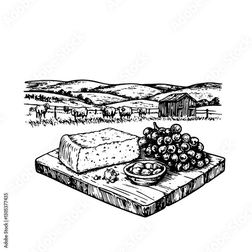 Engraved illustration of cheese, grapes, and olives on a wooden board with a pastoral landscape