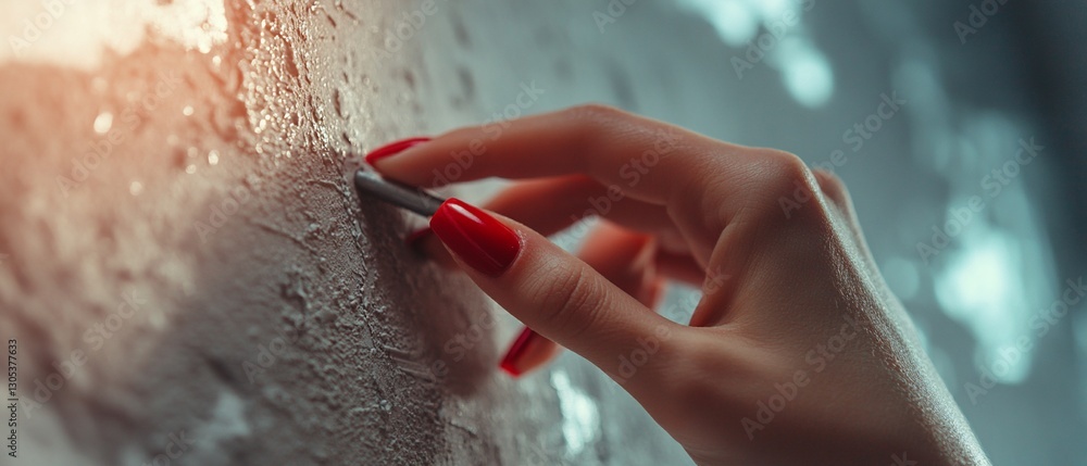 Fototapeta premium Woman's hand using stylus on textured wall, bokeh background