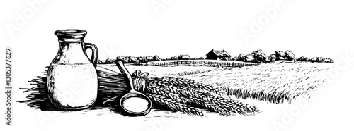 Engraved illustration of rural landscape with milk jug, wheat, and farmhouse in the field