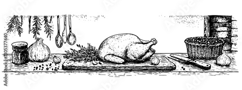 Detailed engraving of a kitchen counter with raw chicken, herbs, and cooking utensils