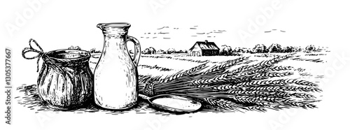 Engraved illustration of countryside still life featuring milk jug, wheat, and farmhouse in the background