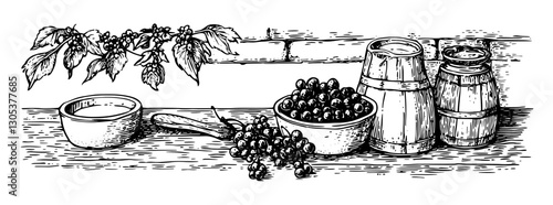 Detailed engraved illustration of a rustic kitchen setup with herbs and wooden containers