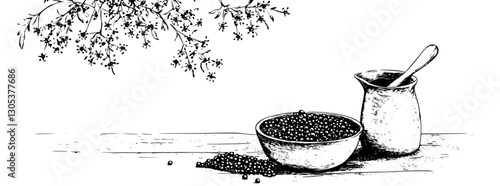 Engraved illustration of spices and herbs on a wooden table with a jug and spoon in a minimalistic style