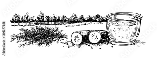 Freshly prepared dill cucumber drink served outdoors with a scenic background of trees and a wooden fence