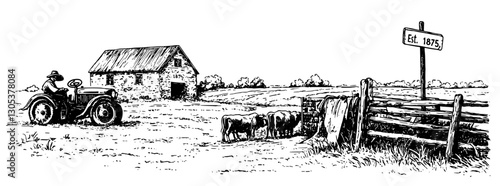 Tractor working in a field by an old barn and cattle with a historic sign dated 1875 in a rural countryside setting