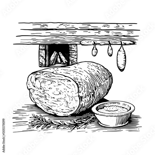 Rustic bread loaf with seasoning by the hearth in a cozy kitchen setting