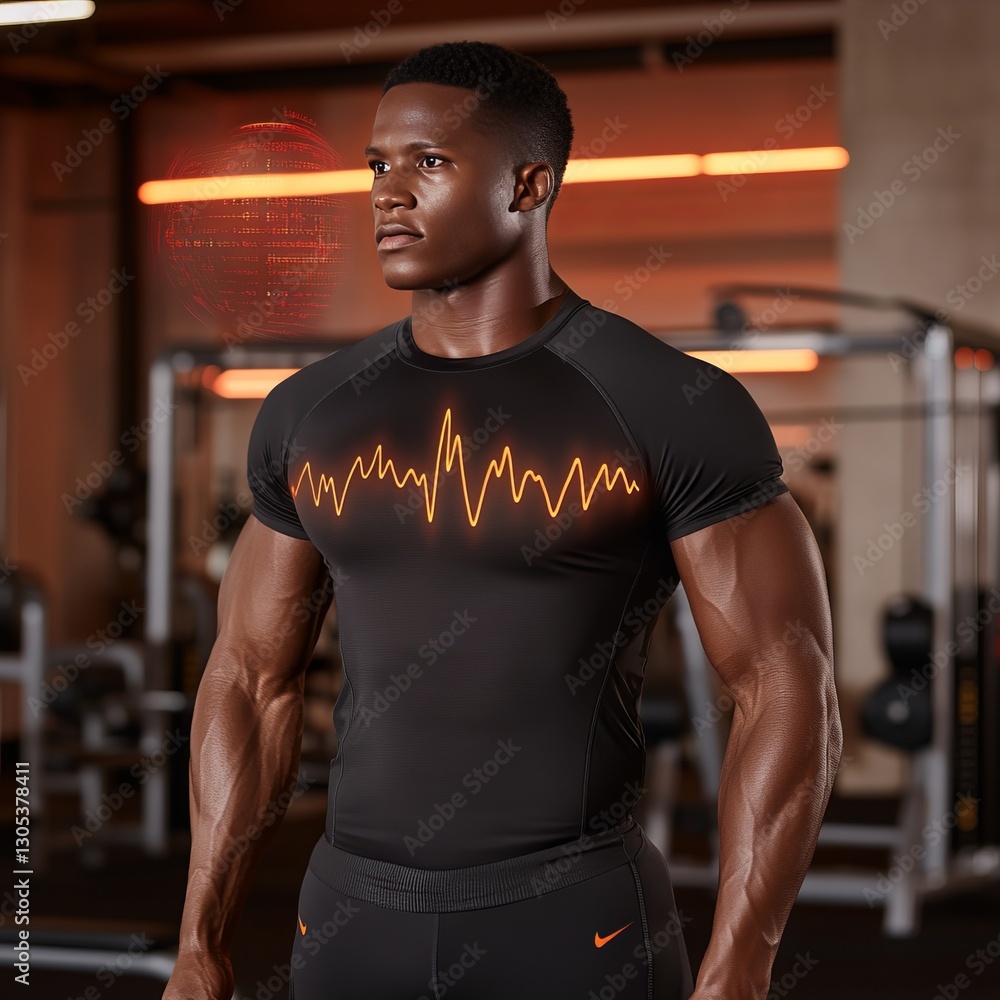 Fototapeta premium Man in gym wear, fitness tech graphic, modern gym