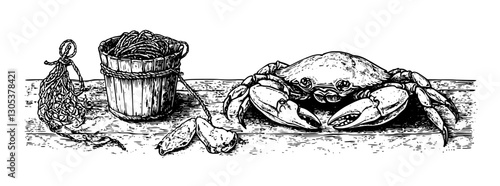 Detailed engraving of a crab with fishing tools on a wooden table in a coastal setting