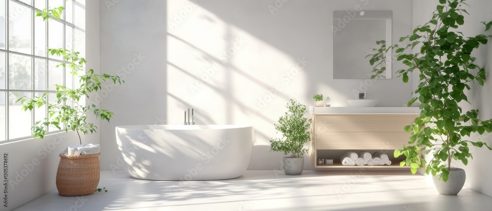 Fototapeta premium A serene, minimalist bathroom with a freestanding tub, lush plants, and soft natural light pouring through large windows creates a tranquil atmosphere.
