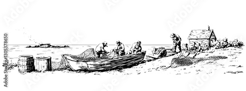 Engraved illustration depicting fishermen working on a tranquil shoreline with their nets and boat nearby