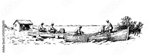 Engraved illustration of fishermen working on a dock by the sea during the day