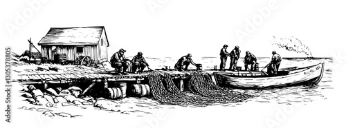 Engraved illustration of fishermen at dock with boat and fishing nets in coastal setting