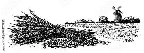 Engraved illustration depicting a wheat bundle and a windmill in a rural landscape