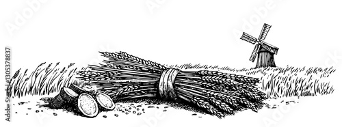 Engraved illustration of harvested wheat bundle near a windmill in a rural setting during daylight