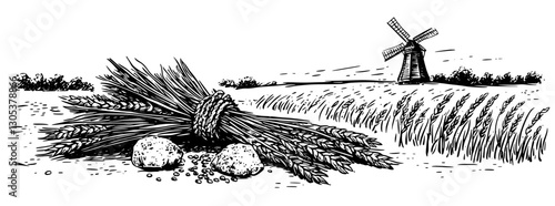 Rustic landscape featuring a windmill, harvested wheat, and fresh eggs in an agriculture setting