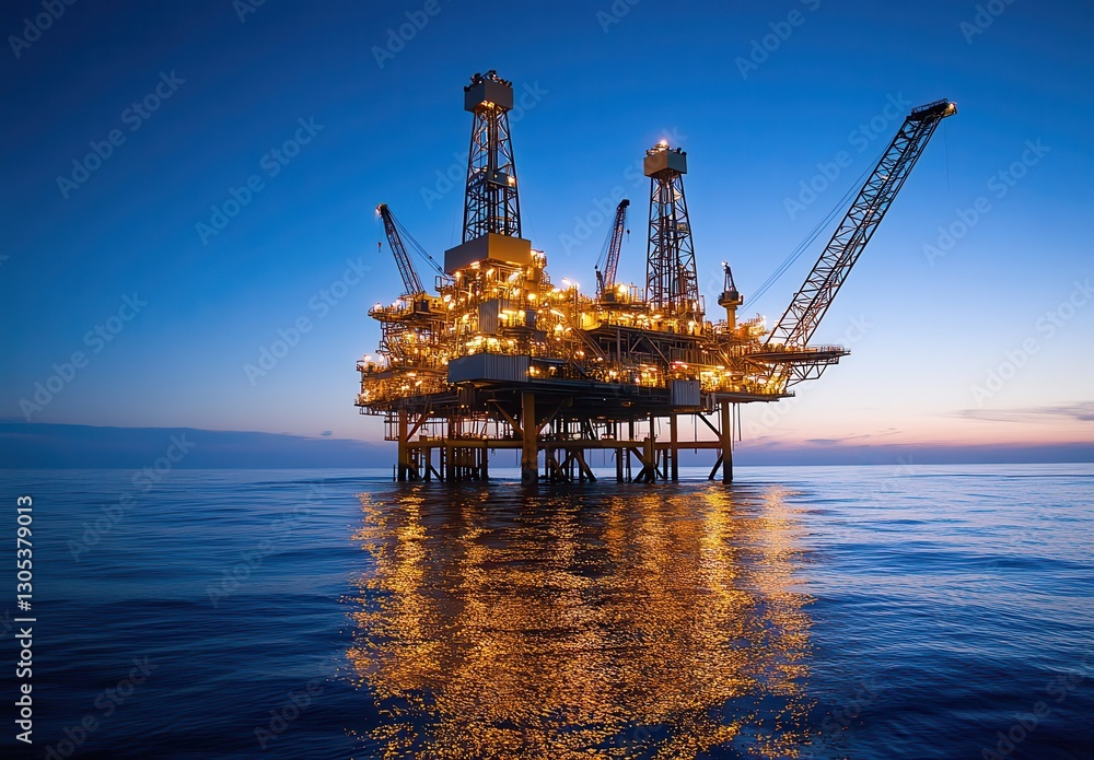 Offshore oil rig illuminated at dusk, reflecting golden lights on calm water, showcasing the energy industry and advanced technology in marine environments Offshore oil rig illuminated at dusk, reflecting golden lights on calm water, showcasing the energy industry and advanced technology in marine environments