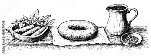 Engraved illustration of kitchen ingredients with carrots, jug, bowl, and round bread
