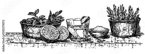 Engraved illustration of fresh herbs, lime, and a refreshing drink on a wooden surface