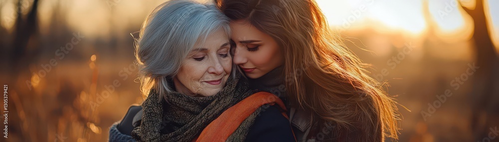 Emotional Connection Between Generations in Sunset Landscape Emotional Connection Between Generations in Sunset Landscape