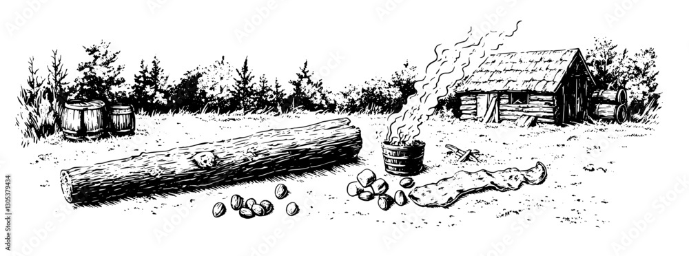 Obraz premium Rustic forest setting with a wooden cabin, nature elements, and a cooking fire in a tranquil landscape scene