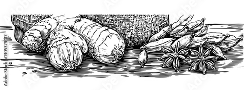 Engraved illustration featuring spices, herbs, and vegetables arranged on a wooden surface in a detailed design