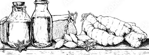 Engraved illustration featuring various vegetables and bottles on a wooden table