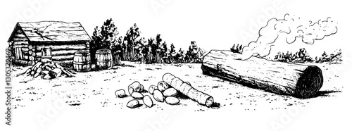 Rustic wooden cabin and smoking log depicted in engraved vector illustration showcasing outdoor life