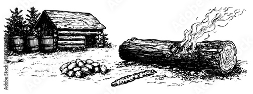 Engraved illustration depicting a rustic cabin with logs, smoke, and farm produce in a rural setting