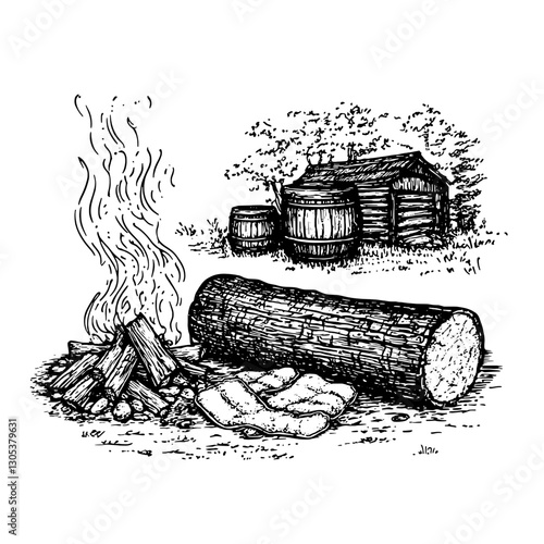 Engraved illustration of a rustic campfire with cooking sausages near a wooden cabin and barrels