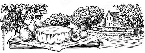 Engraved illustration of a cheese platter with fruits in an outdoor countryside setting beside a quaint house