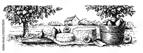 Engraved illustration showcasing a rustic cheese display with fruits and a farmhouse in the background setting