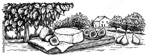 Engraved illustration of cheese and fruits on a wooden board in an outdoor setting with trees and a house in the background