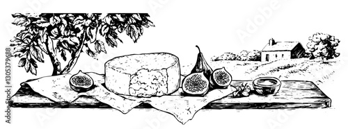 Engraved illustration of cheese and figs displayed on a rustic wooden table with a countryside background