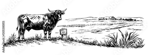 Engraved illustration of a cow on a pasture with a farmhouse and hills in the background