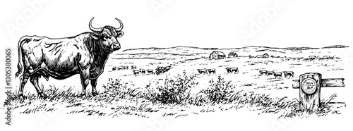Engraved illustration depicting a bull in a vast field with grazing cattle and distant farm structures