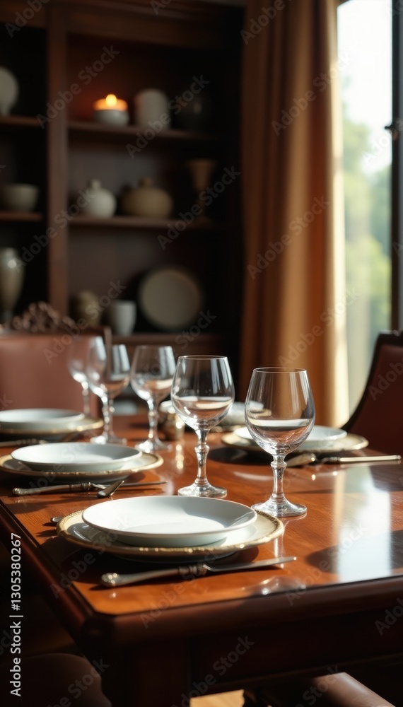 Rich mahogany table, exquisite china, shimmering glassware , tableware, stylish Rich mahogany table, exquisite china, shimmering glassware , tableware, stylish