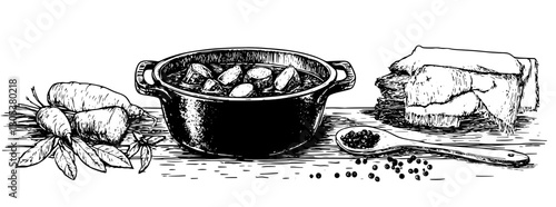 Engraved illustration of a rustic kitchen setup featuring a pot of vegetables and seasoning on a wooden table