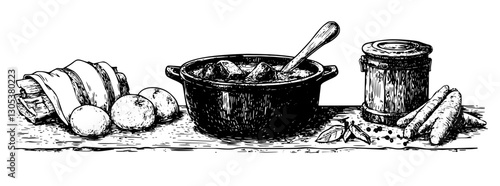 Engraved illustration of a rustic kitchen setup featuring eggs, sliced bread, and a pot of stew