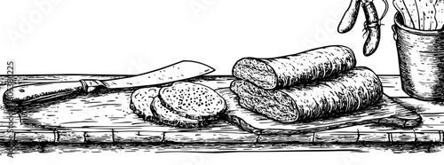 Engraved illustration of freshly sliced bread and knife on a wooden table with utensils nearby