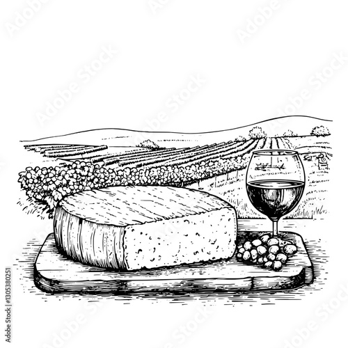 Engraved illustration of a cheese platter next to a glass of wine in a vineyard setting during sunset