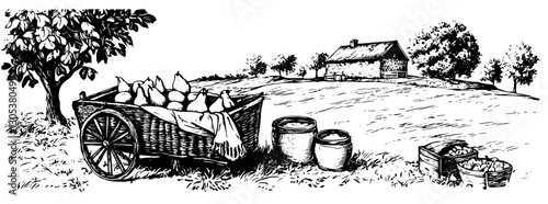 Engraved illustration of a vintage cart filled with produce beside a quaint farmhouse in a rural landscape