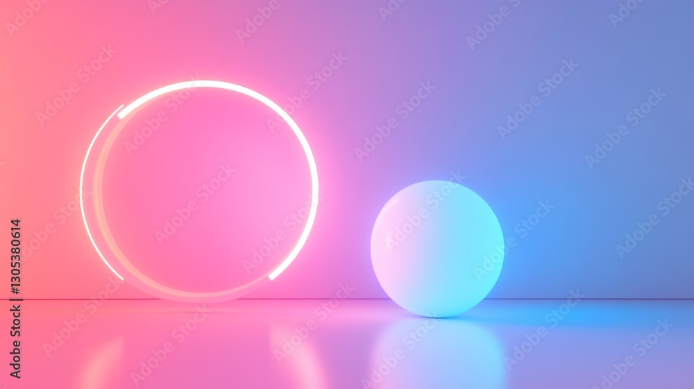 Obraz premium Colorful neon shapes on a reflective surface.