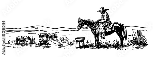 Engraved illustration of a cowboy on horseback overseeing cattle near a campfire in a rustic landscape