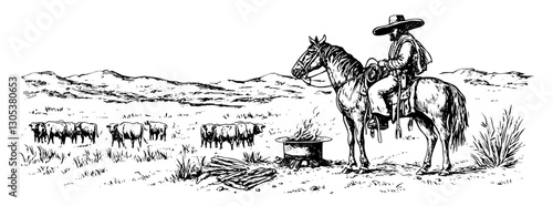 Engraved illustration of a cowboy on horseback watching cattle in the countryside with a campfire nearby