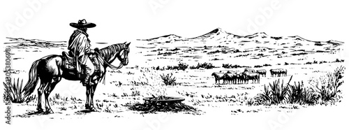 Cowboy surveying cattle on horseback in a vast western landscape during a clear day