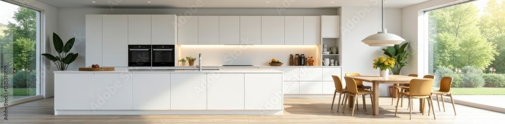 Fototapeta premium Sleek white kitchen cabinets, island, modern dining area, dinner, industrial