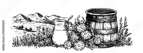 Engraved illustration of a milk jug and wooden barrel surrounded by wildflowers in a mountainous landscape